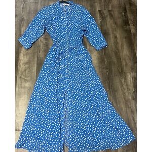 Zara Dress Womens XXL Blue White Printed Maxi Shirt Button Front Belted